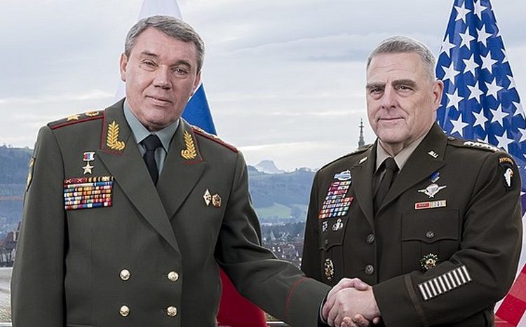 Chairman of the Joint Chiefs of Staff Gen. Mark A. Milley meets with Chief of the Russian General Staff Gen. Valery Gerasimov in Bern, Switzerland, Dec. 18, 2019. (DOD photo by U.S. Army Sgt. 1st Class Chuck Burden)